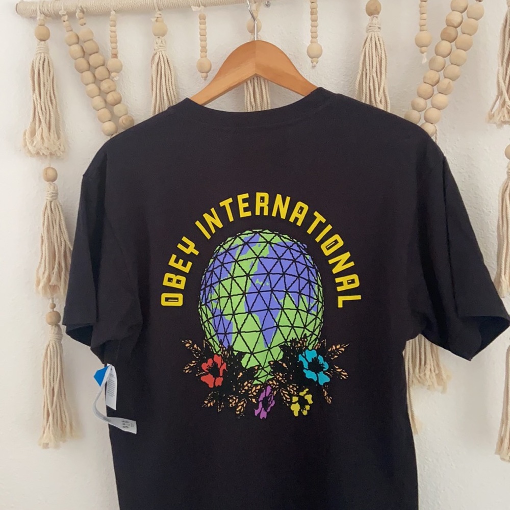 Obey floral globe black tee shirt mens short sleeve t-shirt small NWT - Picture 4 of 8